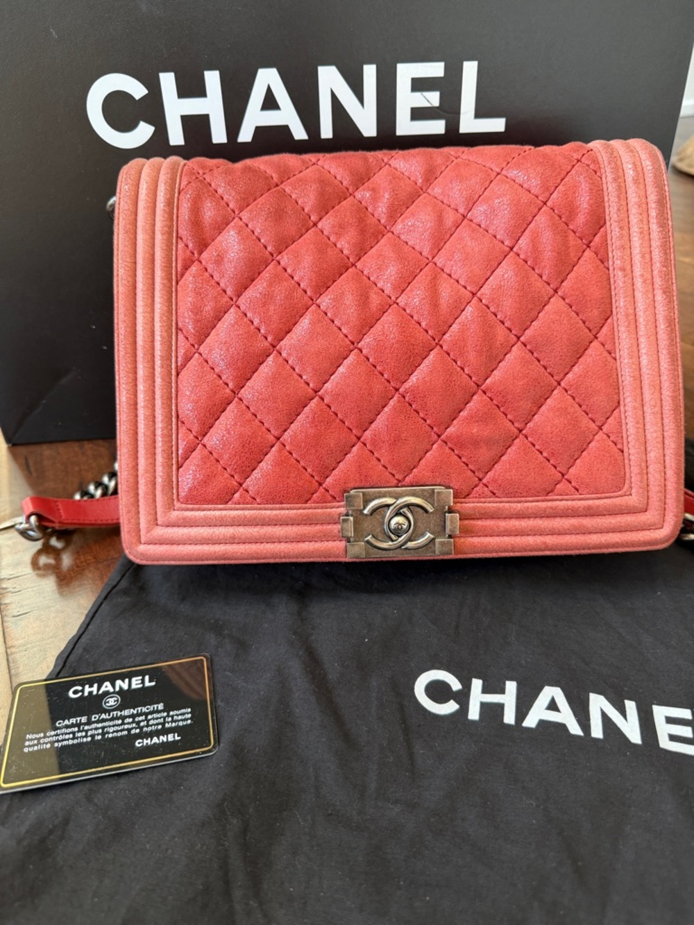 Authentic CHANEL Red Quilted Calfskin Leather Boy Bag with Silver Hardware